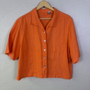 Chicos Lino Button Up Shirt Women Size 2 Large Orange Linen Short Sleeve Coastal